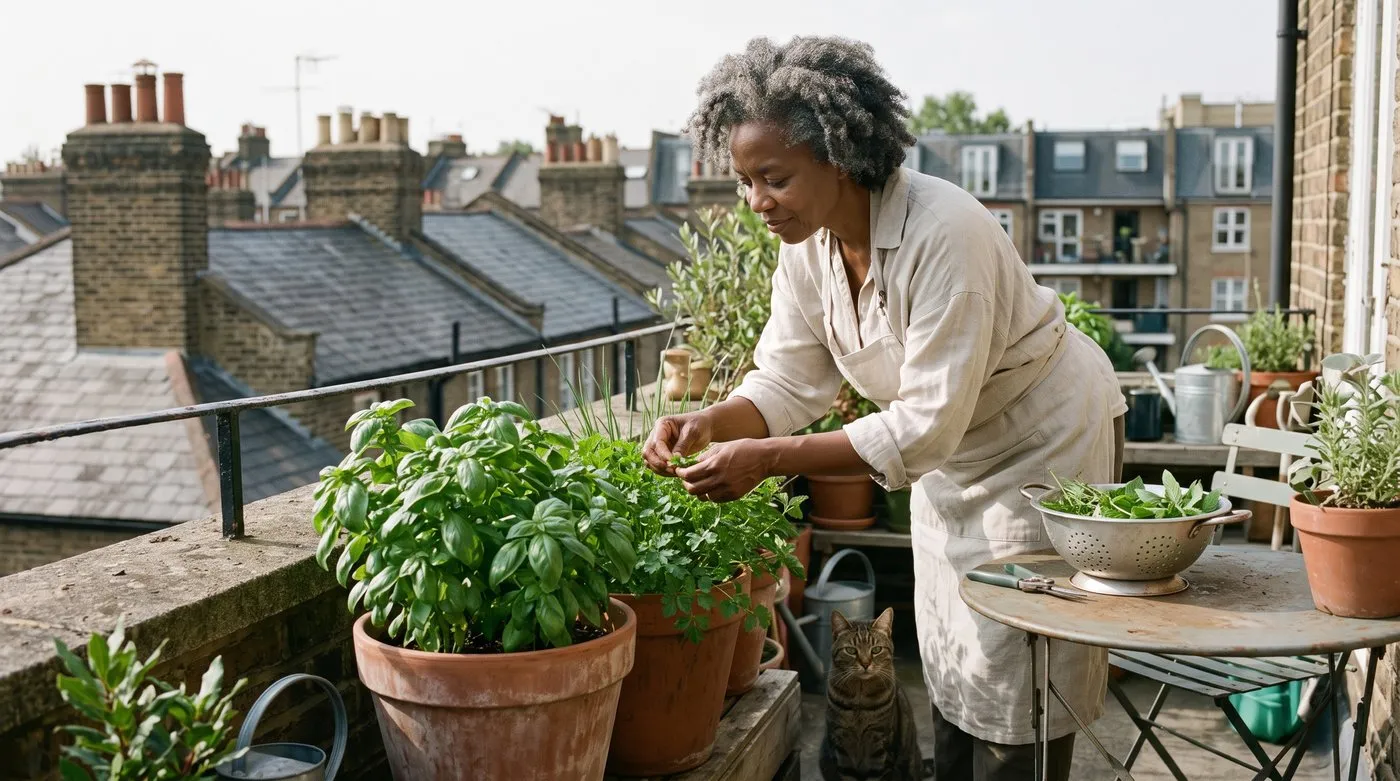 Woman picking basil and parsley from balcony pots into a colander while a cat sits nearby