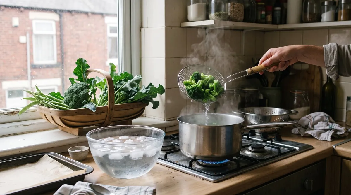 Broccoli florets lifted from boiling water towards a bowl of iced water to blanch for freezing