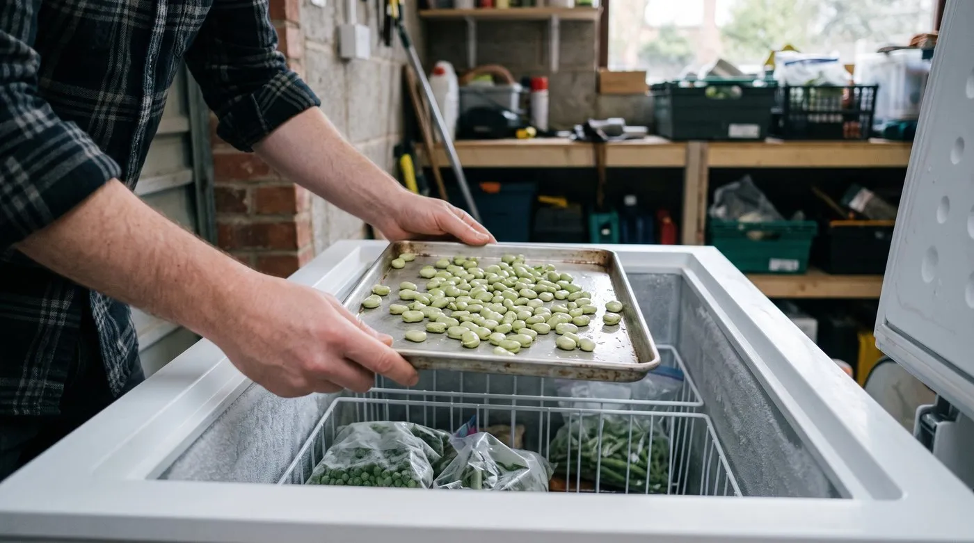 Tray of blanched broad beans in a single layer going into a chest freezer to open-freeze