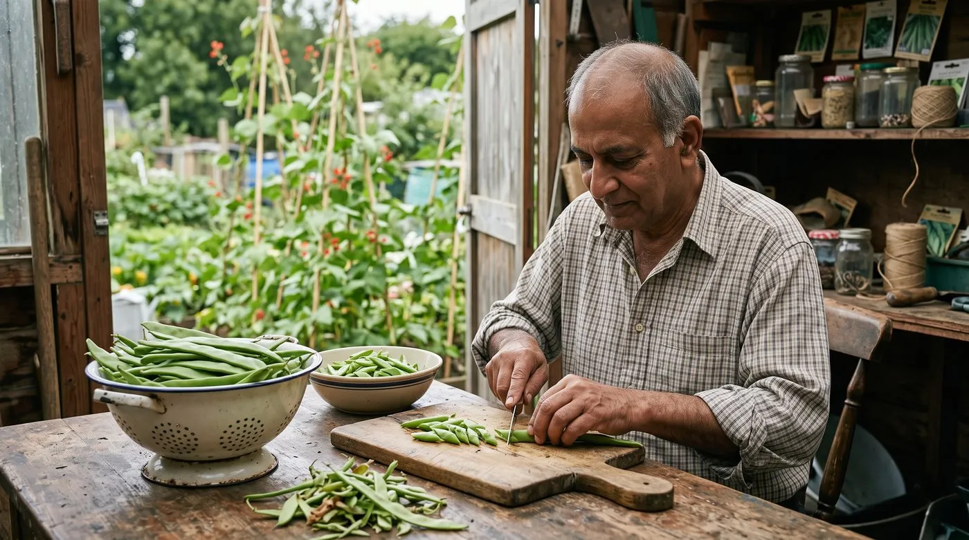 Older man slicing runner beans diagonally on a board ready for blanching and freezing