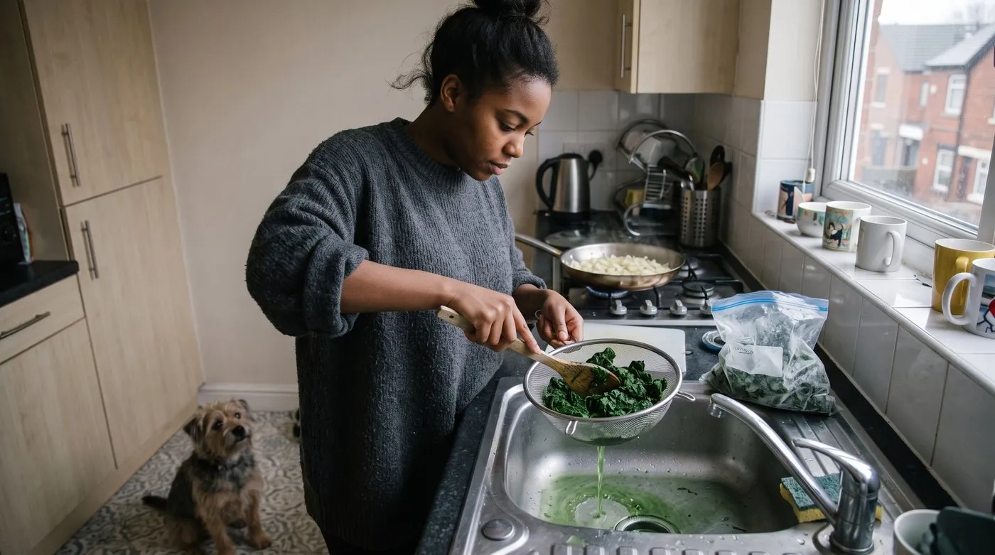 Thawed spinach being pressed in a sieve over a sink to squeeze out the water before cooking
