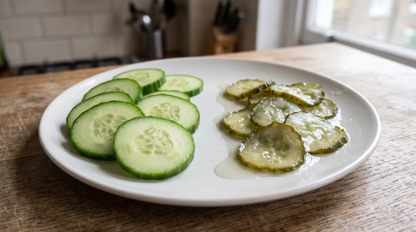 Crisp fresh cucumber slices beside limp, watery slices that were frozen and thawed