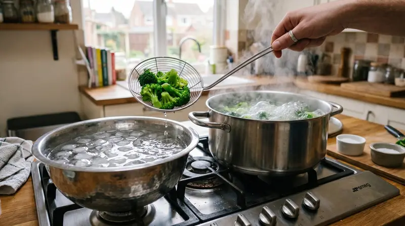 UK kitchen scene with a pot of boiling water, a bowl of iced water and a wire spider scoop lifting broccoli florets from the