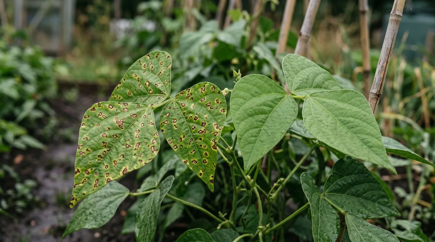 French bean leaf with brown spots ringed by yellow halos, a sign of halo blight