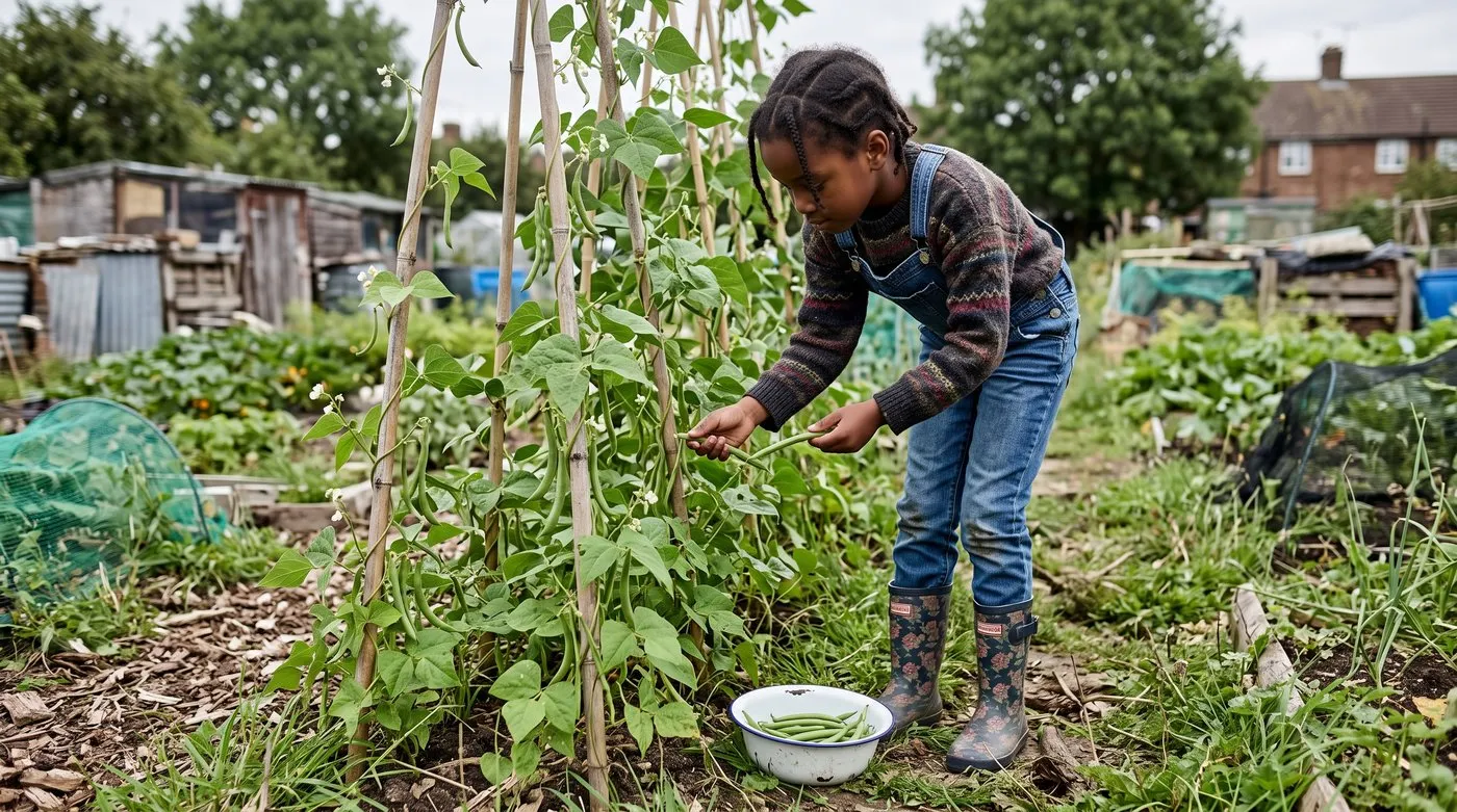Young girl picking slim French bean pods from climbing plants on an allotment