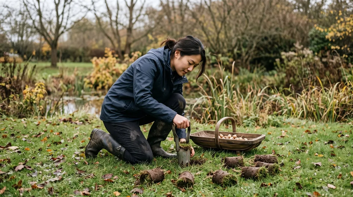 Woman using a bulb planter to plant snake's head fritillary bulbs in a damp lawn in autumn