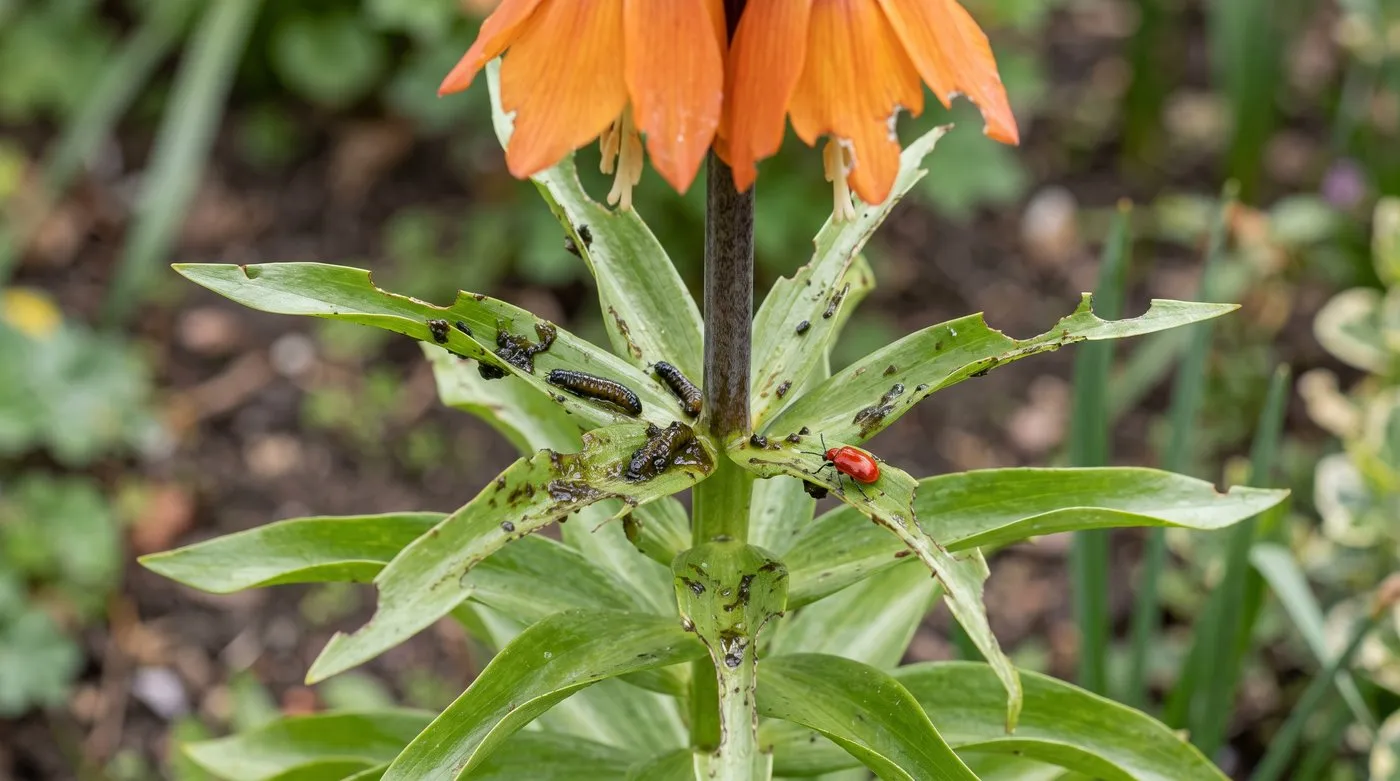Crown Imperial fritillaria leaves with ragged holes and chewed edges from lily beetle damage