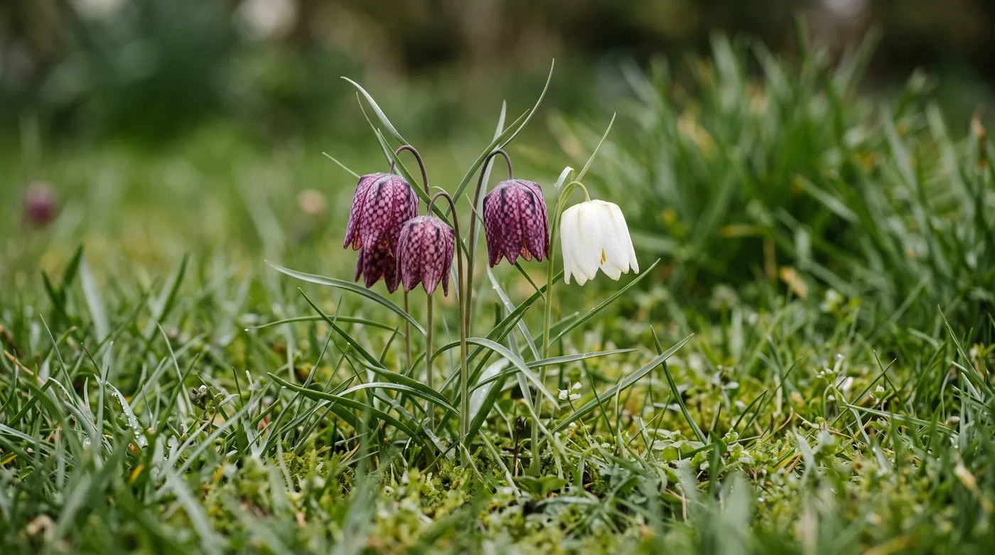 Snake's head fritillary with chequered purple bells and one white bell nodding in damp spring grass