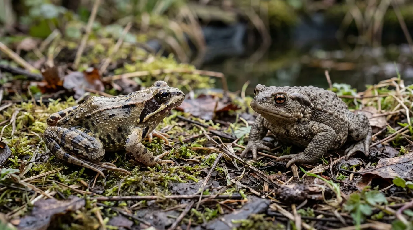 Common frog with smooth blotchy skin beside a warty common toad in a garden, showing the differences