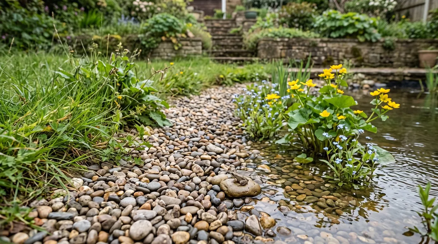 Gently sloping pebble beach at the edge of a wildlife pond giving frogs and toads an easy way in and out