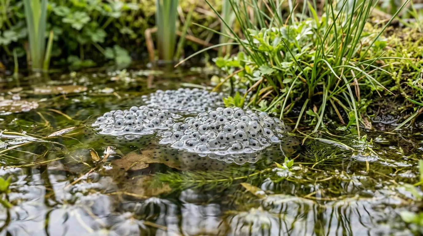 Frog spawn floating in a UK garden wildlife pond in early spring