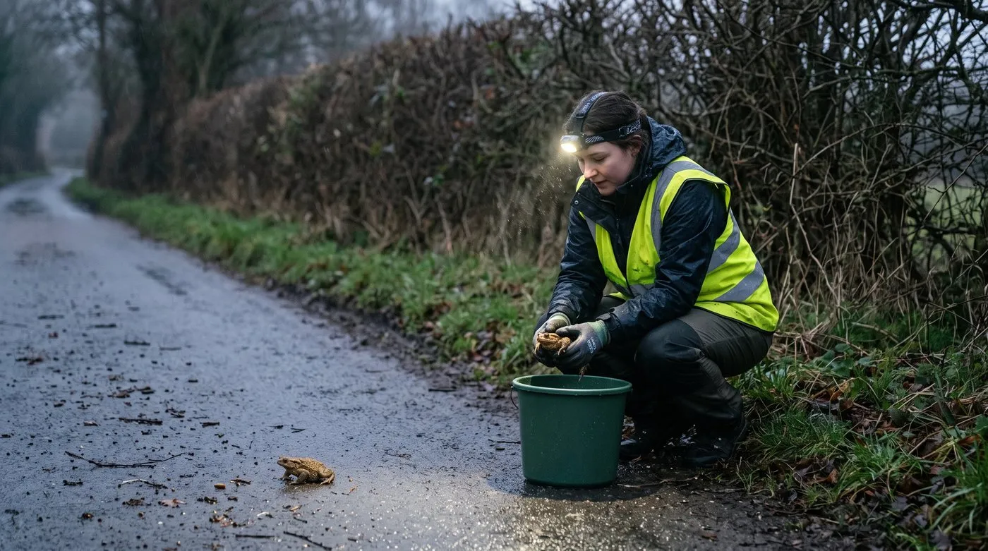 Toad patrol volunteer in high-vis lifting a common toad off a wet lane at dusk into a bucket