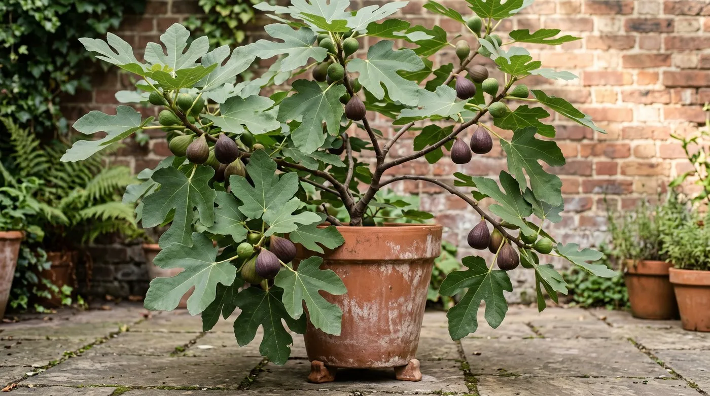 Brown Turkey fig in a terracotta pot against a sunny wall with ripening purple-brown figs