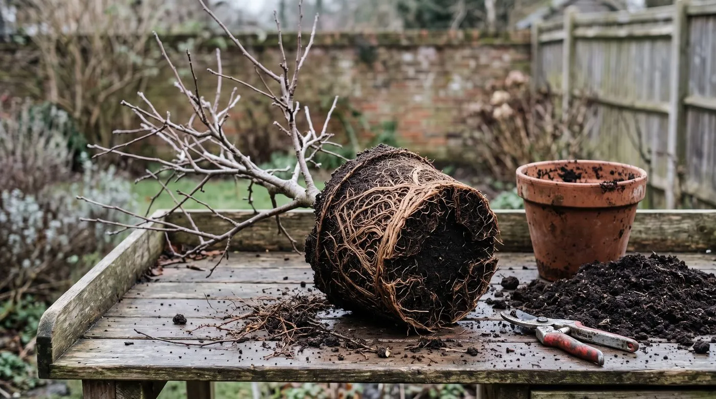 Dormant potted apple tree tipped out with circling roots partly trimmed back ready for repotting