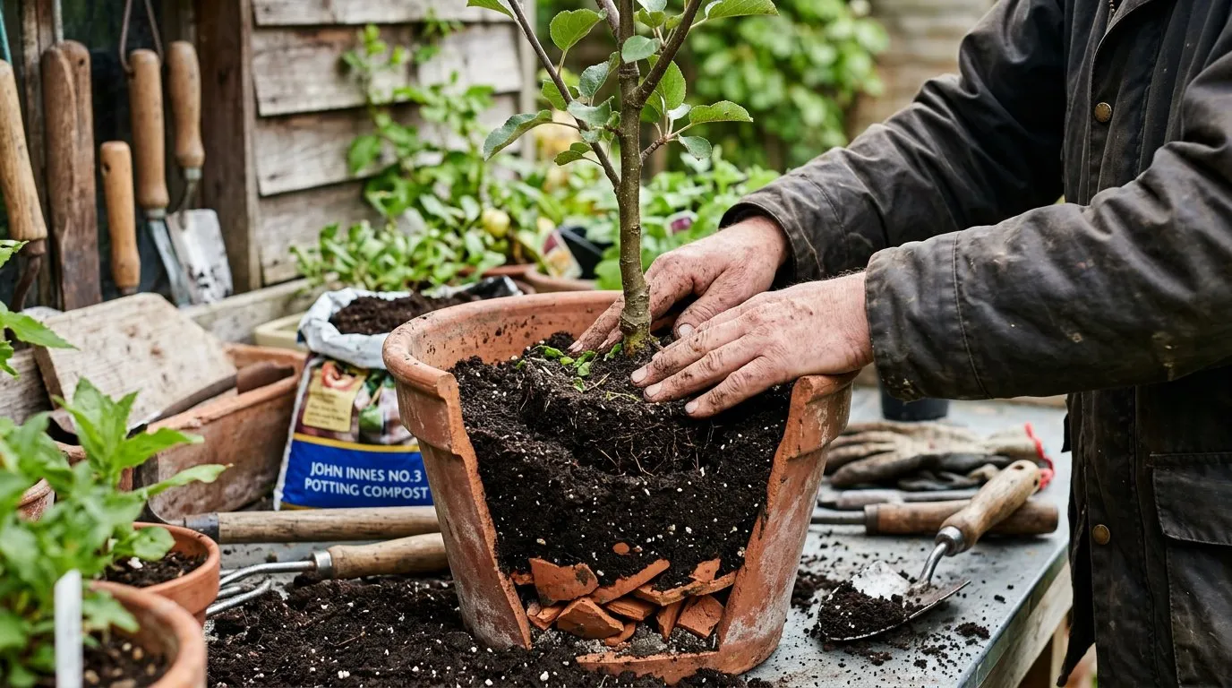 Planting a dwarf fruit tree into a large pot with drainage crocks