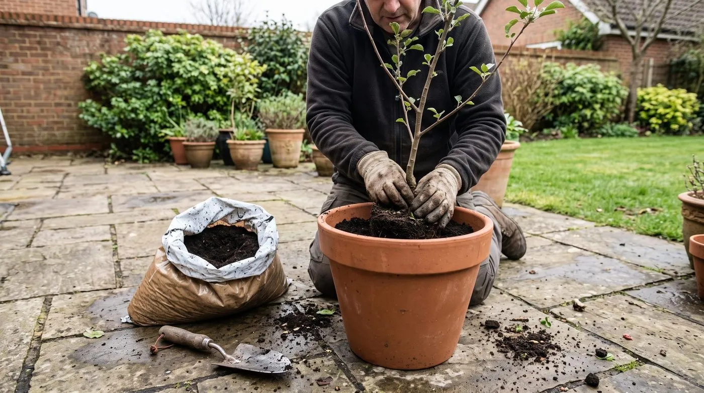 Planting a dwarf fruit tree into a large pot of compost
