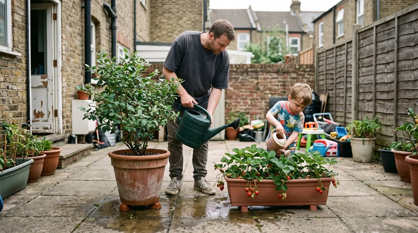 Father and young son watering potted blueberries and strawberries on a patio on a summer morning