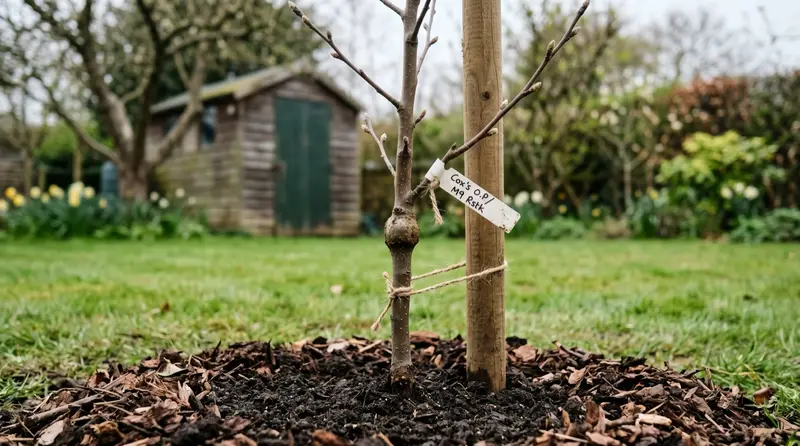 Young apple tree showing the graft union swelling above the soil in a UK garden, rootstock label attached