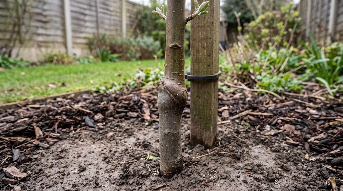 Young apple tree trunk with a swollen graft union a hand's width above the soil