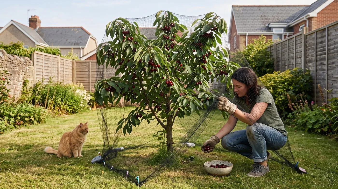 Small cherry tree on dwarfing rootstock covered in bird netting while a gardener picks cherries