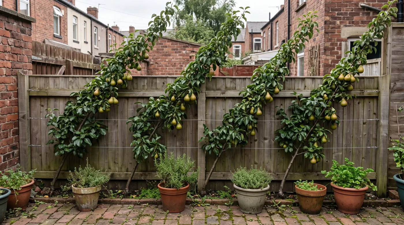 Row of oblique pear cordons on wires along a courtyard fence, with pears on short spurs