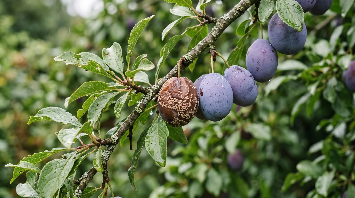 Plum with brown rot showing rings of pale fungal spots next to healthy purple plums on the branch