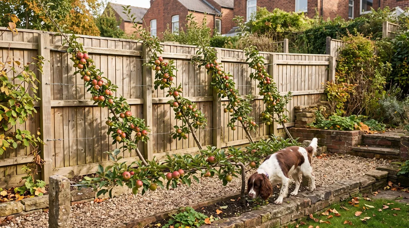 Cordon apple trees with ripening fruit trained along a fence in a small garden, with a spaniel on the path