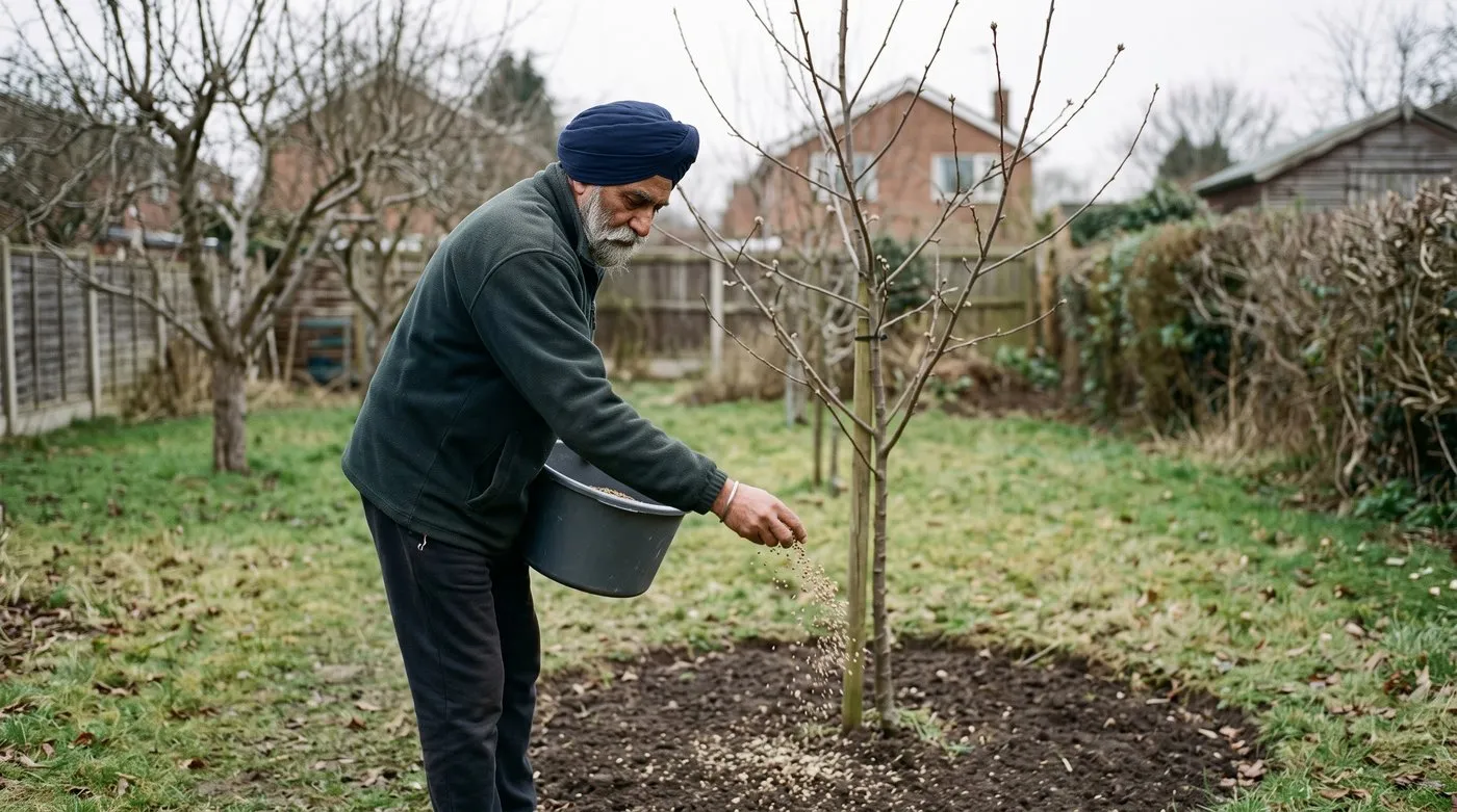 Man sprinkling fertiliser over a cleared circle of soil around a young apple tree in late winter