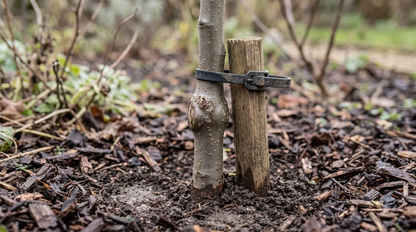 Graft union bump on a young fruit tree trunk sitting well above the soil, with a short stake