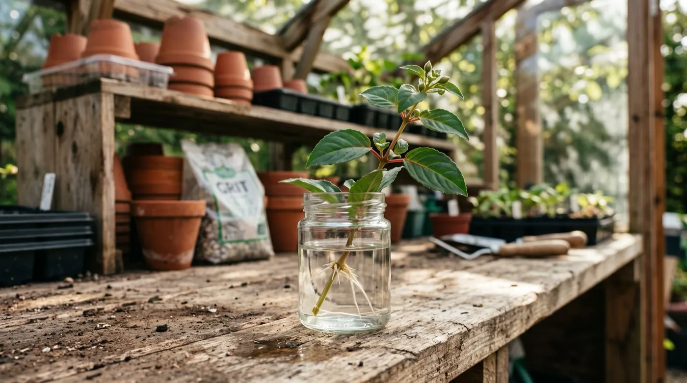Fuchsia softwood cutting rooting in water in a small jar on a UK potting bench in a greenhouse