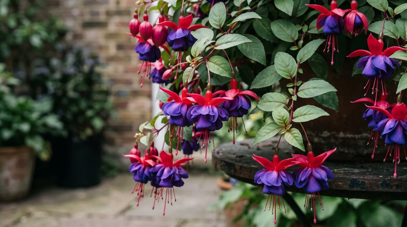 Double fuchsia Dark Eyes flowers with red sepals and deep violet-blue skirts hanging from a pot