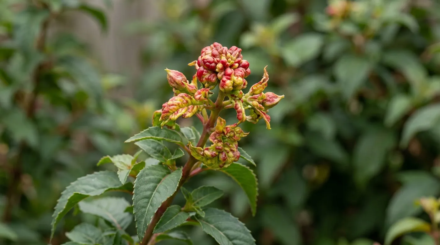 Fuchsia shoot tip swollen and twisted into lumpy red growth by fuchsia gall mite