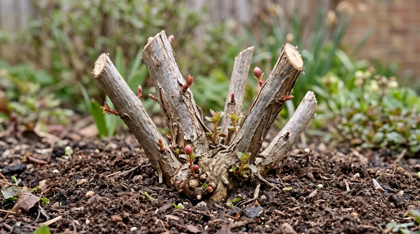 Hardy fuchsia cut back to 15cm stubs in spring with fresh red-green buds breaking low down