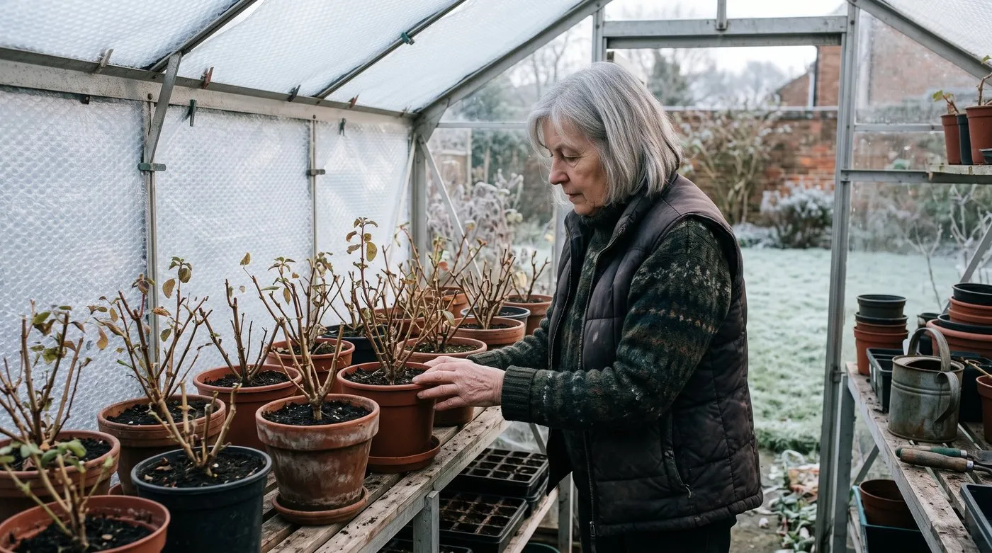 Older woman checking trimmed-back tender fuchsias in pots inside a frost-free greenhouse in winter