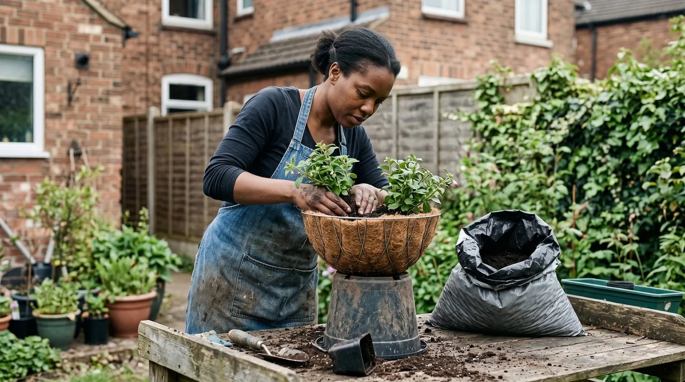 Woman planting three trailing fuchsias around the edge of a coir-lined hanging basket in late May