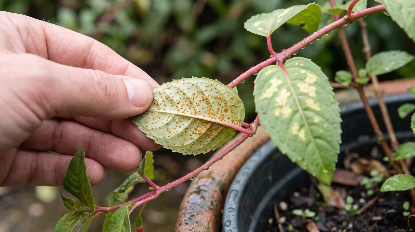 Underside of a fuchsia leaf covered in orange rust spots, with yellow blotches on the leaf above