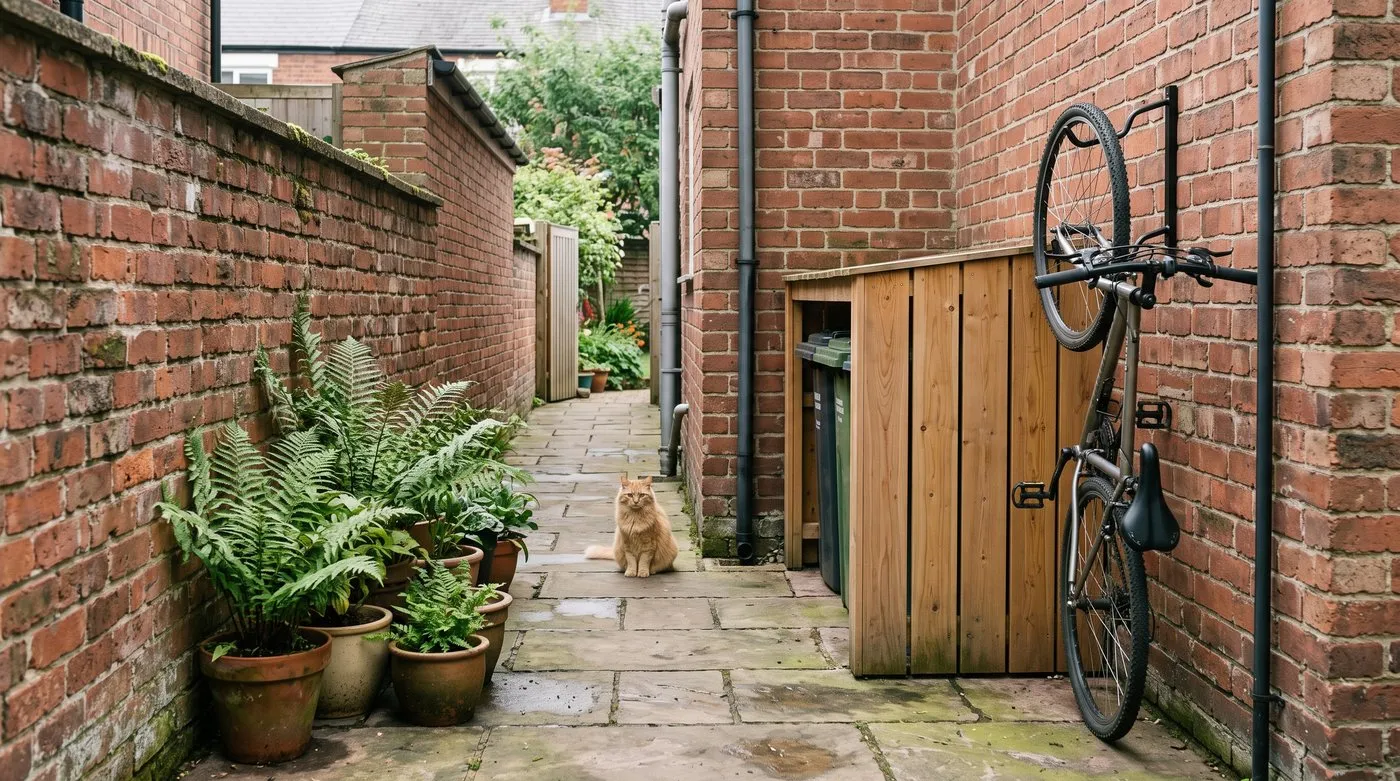 Slim timber bin store and an upright wall-mounted bike along one wall of a narrow side return, cat on the path