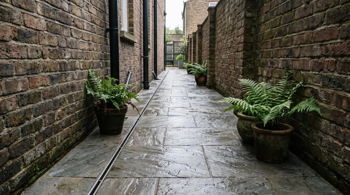Grey paving in a narrow side return falling towards a slim channel drain along one edge after rain