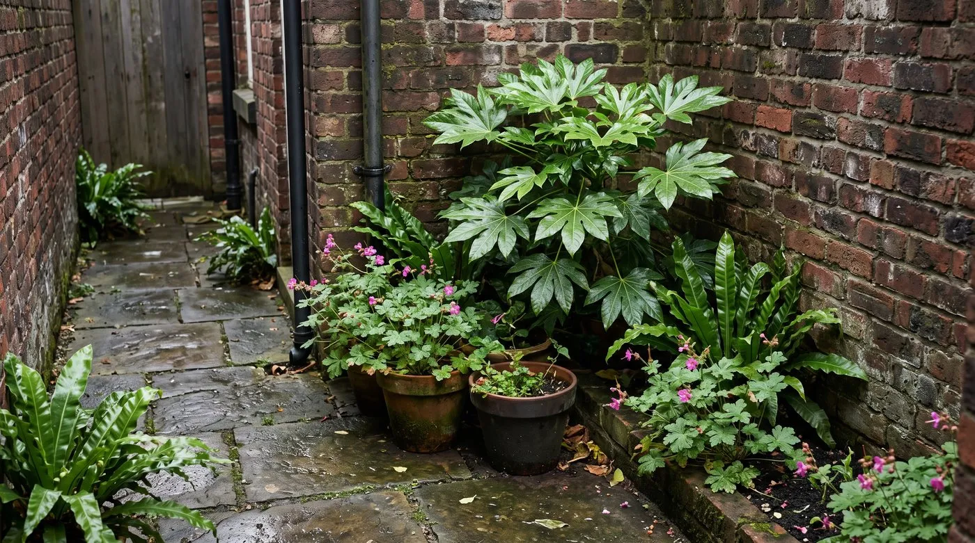 Fatsia japonica, hart's tongue ferns and pink hardy geranium growing in a shady brick side passage