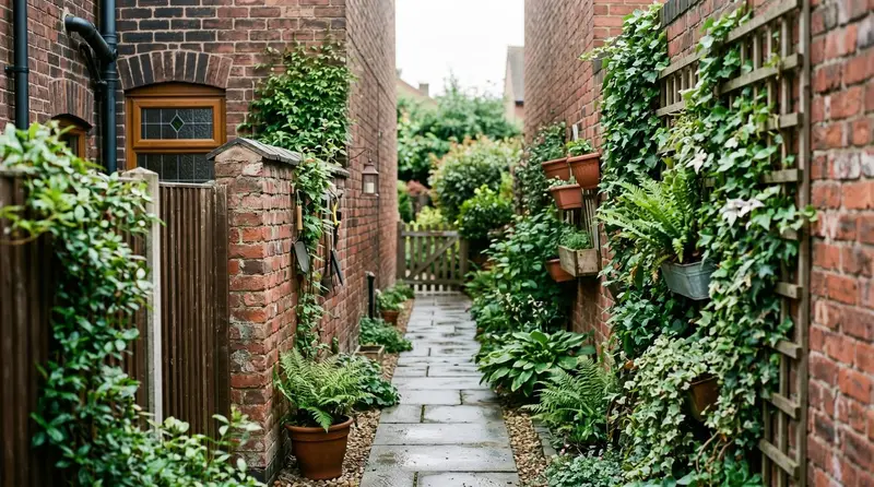 Narrow Victorian terraced side return passage with vertical planters and a trellis of ferns against brick walls