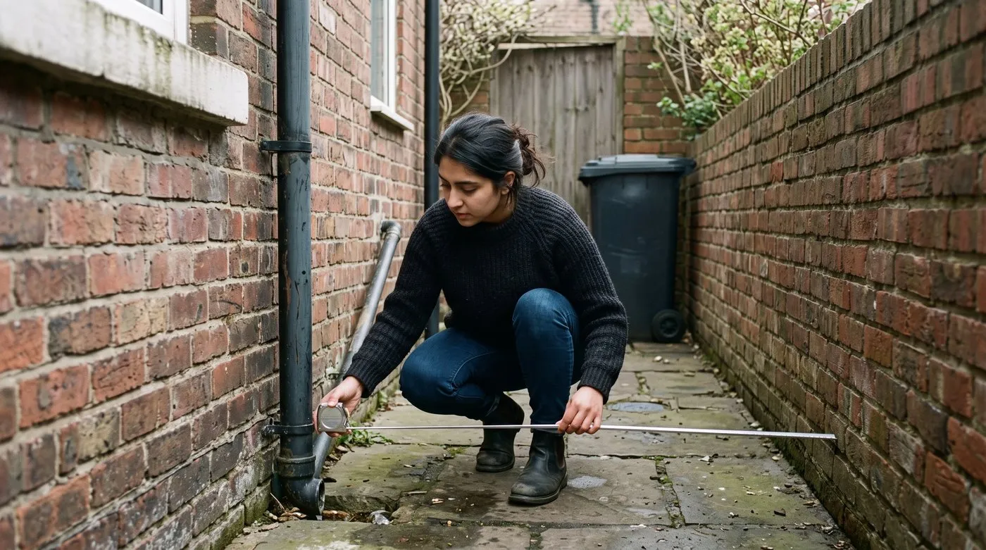 Woman measuring the width of a narrow brick side return with a tape measure beside a drainpipe
