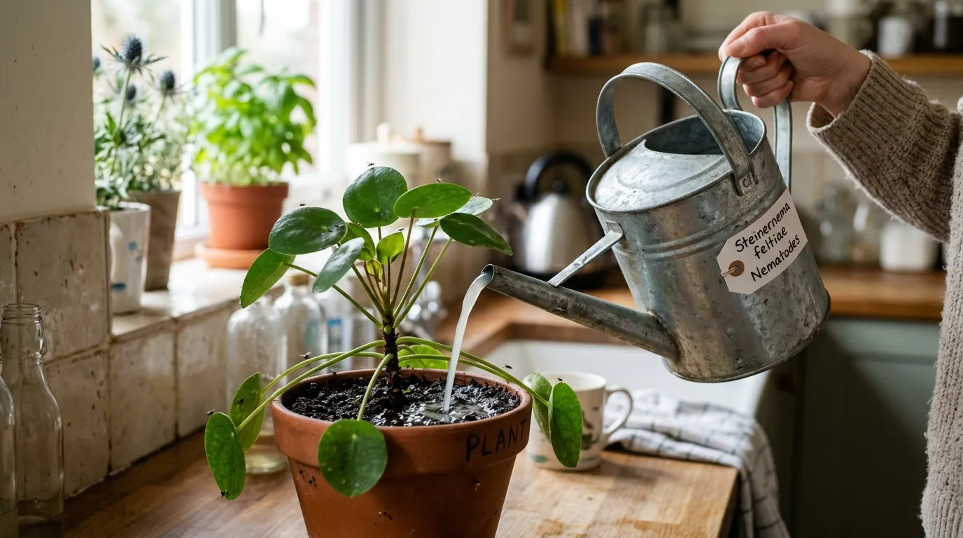 Beneficial Steinernema feltiae nematode drench being applied to a fungus gnat infested houseplant with watering can UK