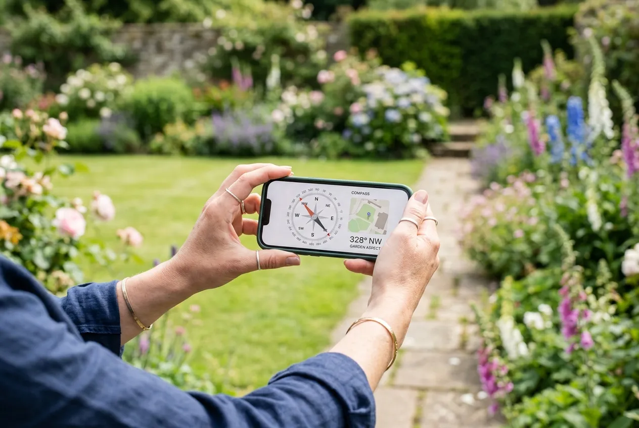 A person standing in a garden holding a phone compass app to check which way the garden faces