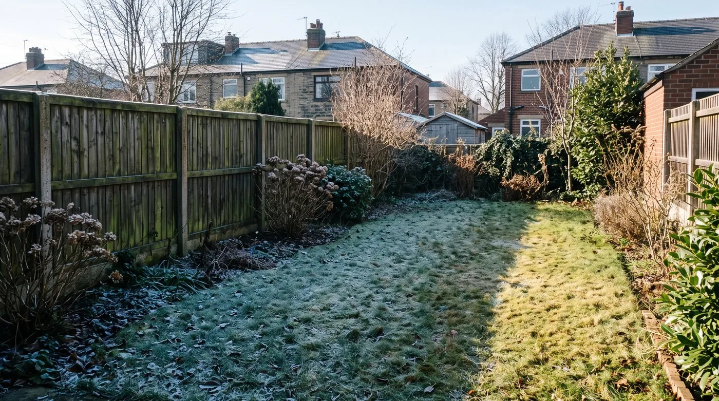 Long midday shadow from a garden fence stretching across a border and lawn in low December sun