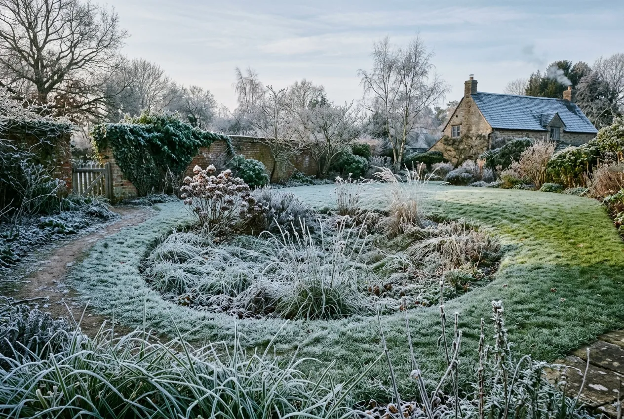 A low-lying garden corner with morning frost sitting in a dip in cold blue morning light