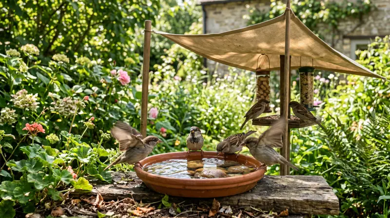 A UK garden in a heatwave showing house sparrows visiting a shallow water dish in dappled shade with a sunshade above the