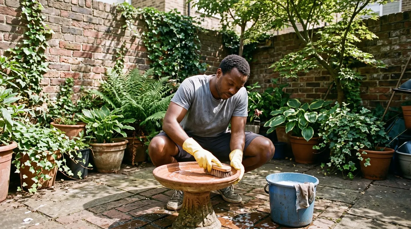 Man in rubber gloves scrubbing a shallow bird bath with a stiff brush in a courtyard garden