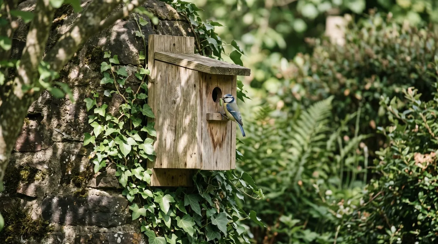 Blue tit with a caterpillar at the hole of a wooden nest box on a shaded garden wall