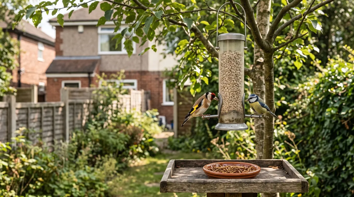 Goldfinch and blue tit eating sunflower hearts from a tube feeder hung in dappled shade