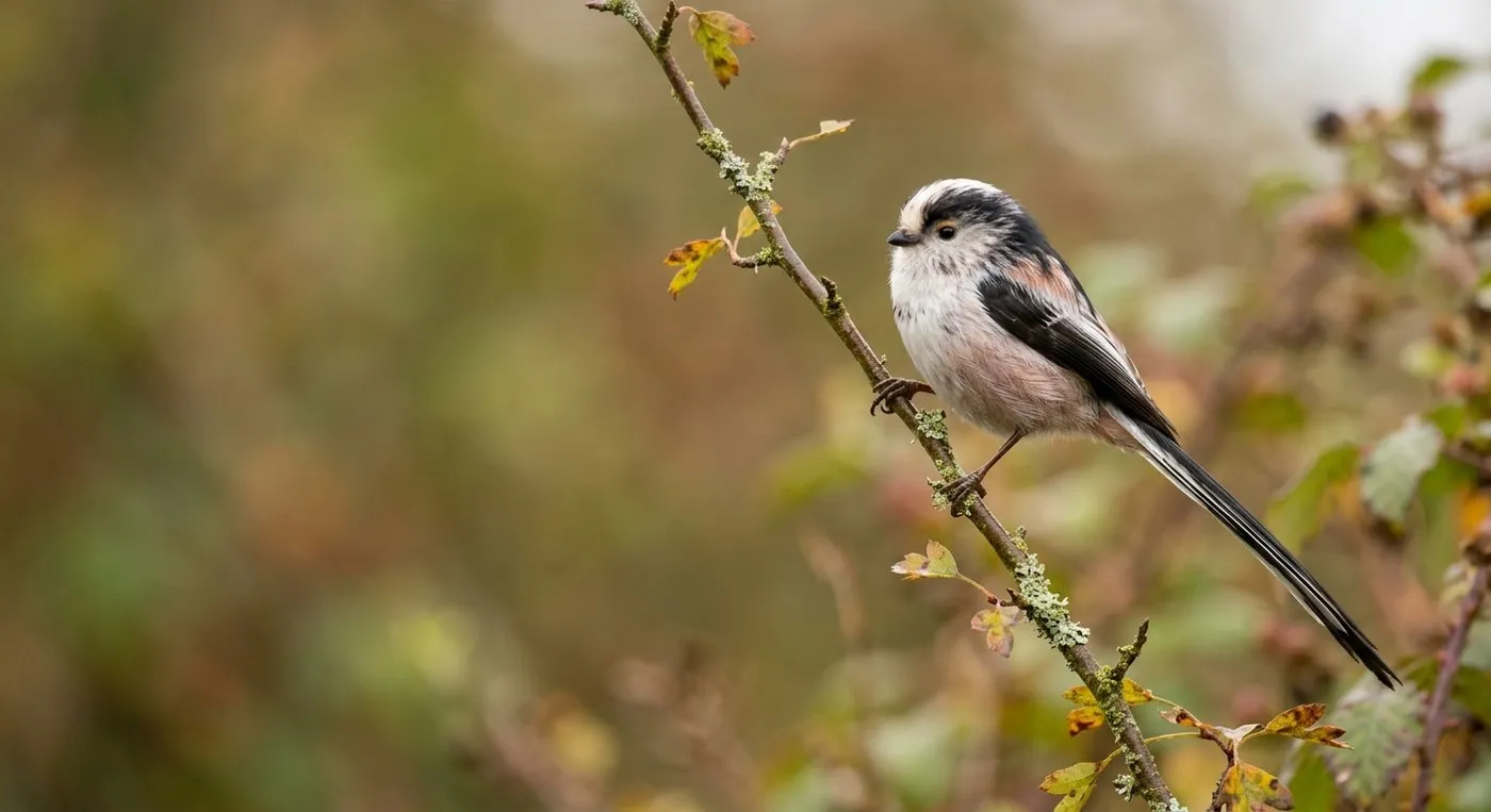 Common garden birds long-tailed tit with pink black and white plumage on a thin branch